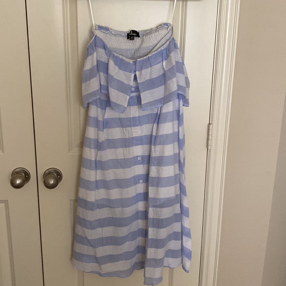 Lulus TRANSATLANTIC Voyage Blue and Ivory Striped Midi Off Shoulder Dress NWOT - Picture 2 of 2